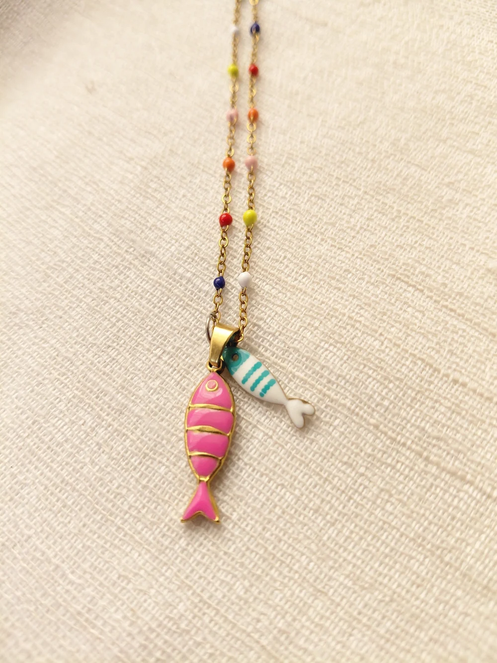 Boho Summer Fish Charm Seed Bead Necklace Gold Tone 17